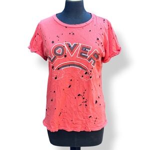 Lauren Moshi Distressed Tee Size Small Short Sleeve Lover Graphic Orange Rainbow